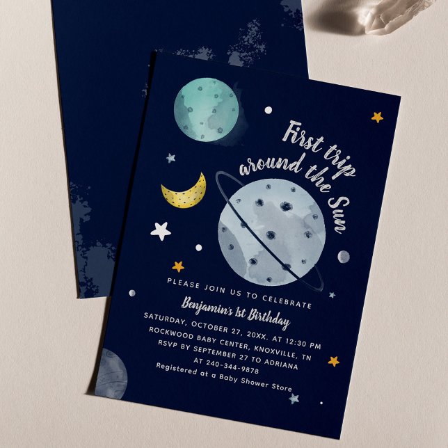1rua em volta do Sun Outer Space Birthday Boy Part (Outer Space 1st Birthday Party Navy Blue Invitation)