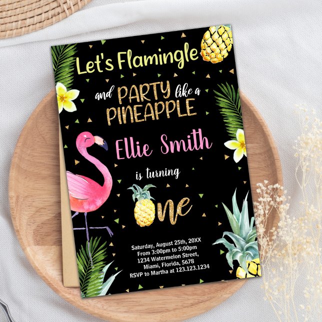 1rua Flamingo Pineapple, Brilho Negro, Convites (1st Black Glitter Flamingo Pineapple Invitations)