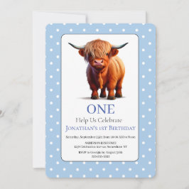 1rua Highland Cow Blue Birthday Convite