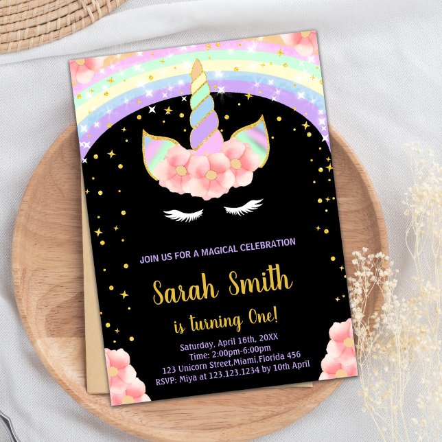 1rua Pink Unicorn - Convites de Aniversário (1st Pink Unicorn Birthday Invitations)