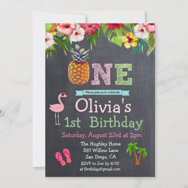 1rua Primeiro Aniversário Aloha Luau Convite tropi (Frente)