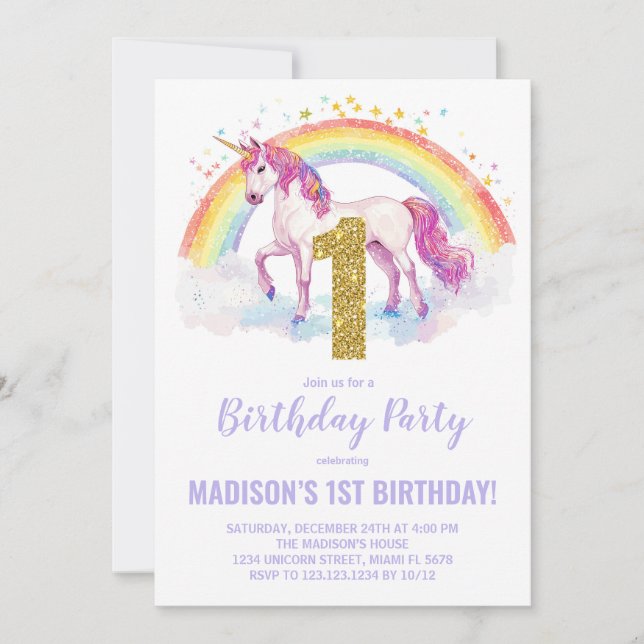 1rua Rainbow Unicorn - Convites de Aniversário (Frente)