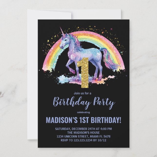 1rua Rainbow Unicorn - Convites de Aniversário (Frente)