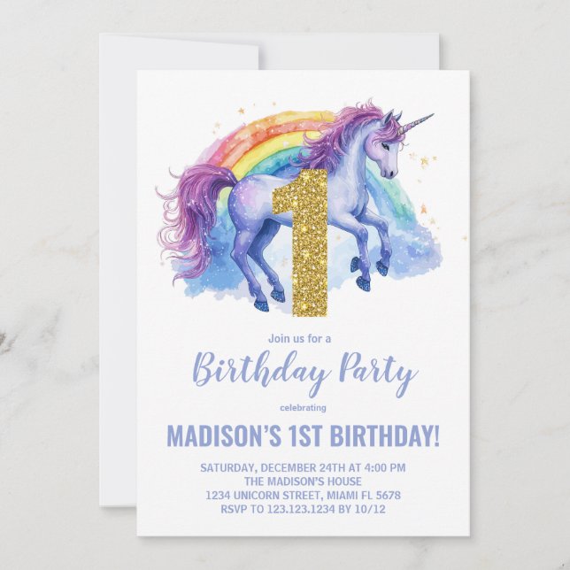 1rua Rainbow Unicorn - Convites de Aniversário (Frente)