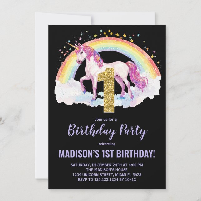 1rua Rainbow Unicorn - Convites de Aniversário (Frente)
