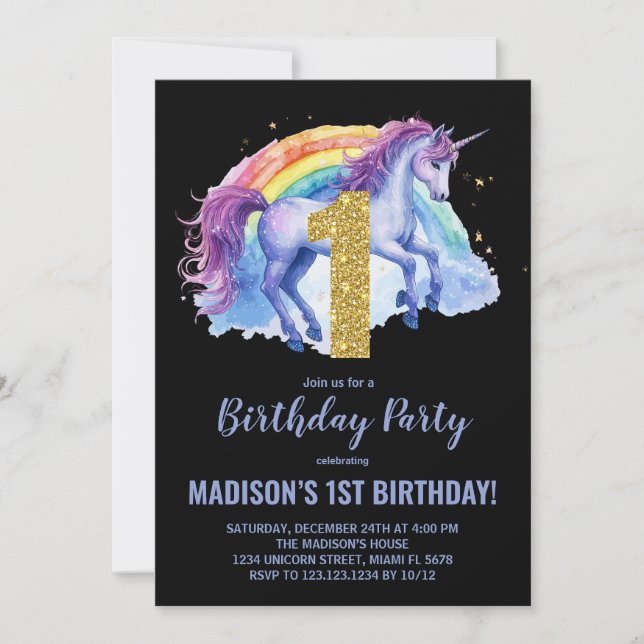 1rua Rainbow Unicorn - Convites de Aniversário (Frente)