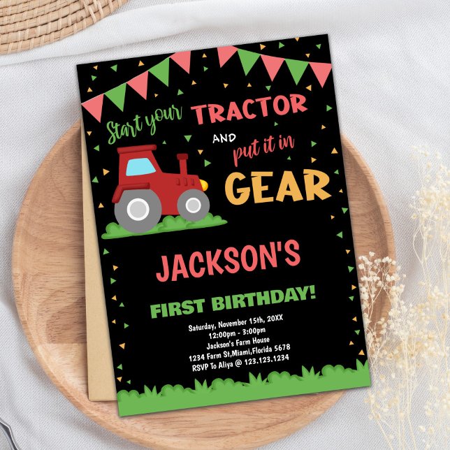 1rua Sinalizadores Vermelhos Trator Convites de An (1st Red Flags Tractor Birthday Invitations)