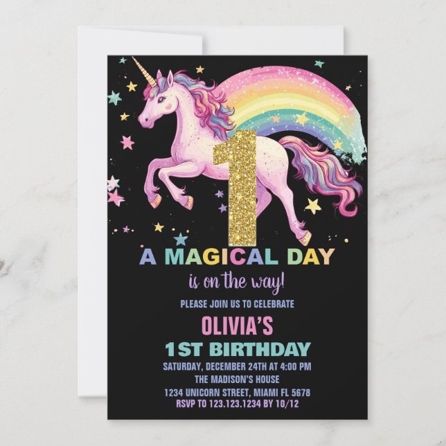 1rua Unicorn Convites de Aniversário Preto (Frente)