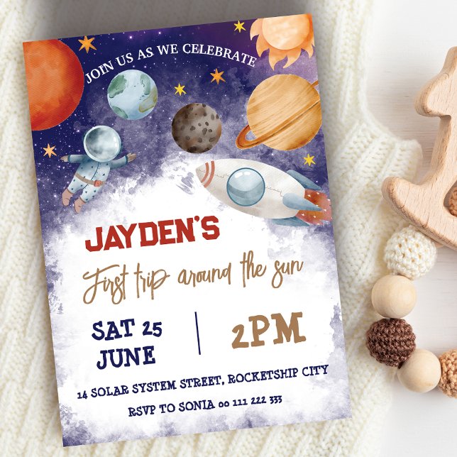 1rua Viaja Pelo Convite De Aniversário Do Espaço D (1st Trip Around the Sun Space Birthday Invitation)