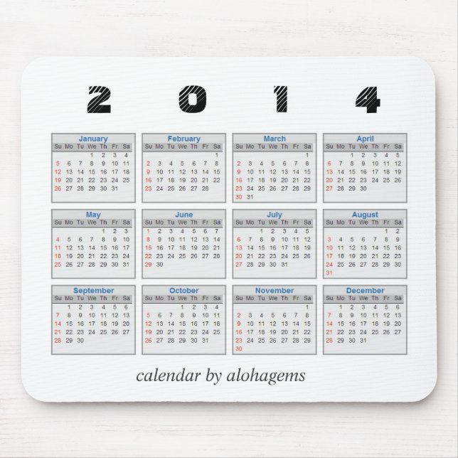 2014 calendário Mousepad (Frente)