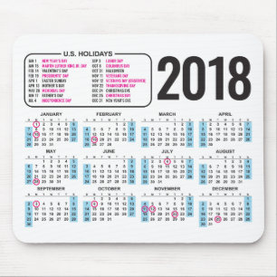 2018 calendário Mousepad com feriados dos E.U.