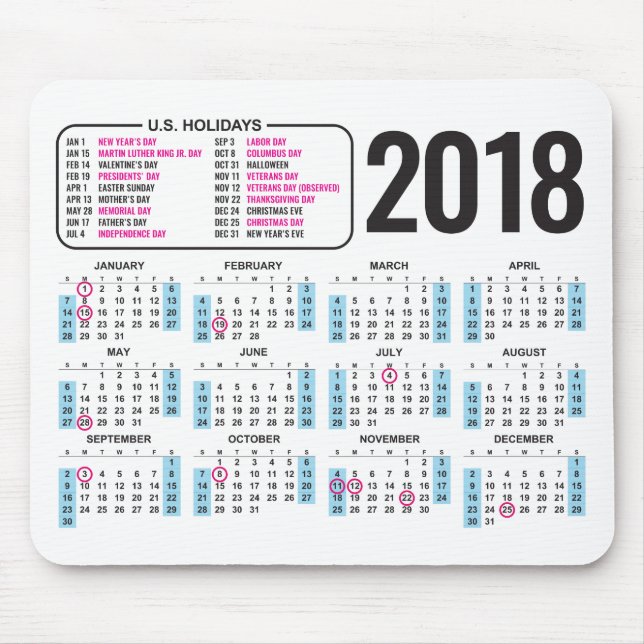 2018 calendário Mousepad com feriados dos E.U. (Frente)