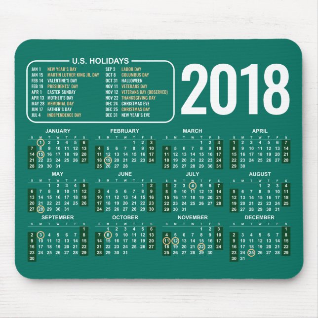 2018 calendário Mousepad com feriados dos E.U. no (Frente)