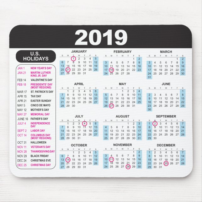 2019 calendário Mousepad com feriados dos E.U. (Frente)