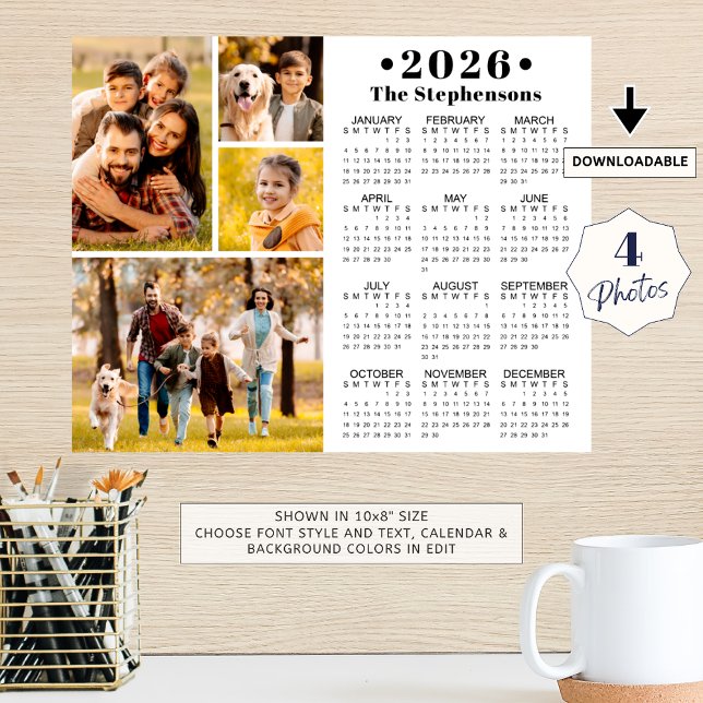 2026 Calendar 4 Photo Collage Personalized Poster (Criador carregado)