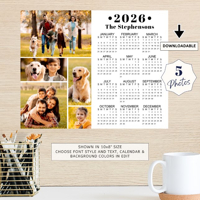 2026 Calendar 5 Photo Collage Personalized Poster (Criador carregado)