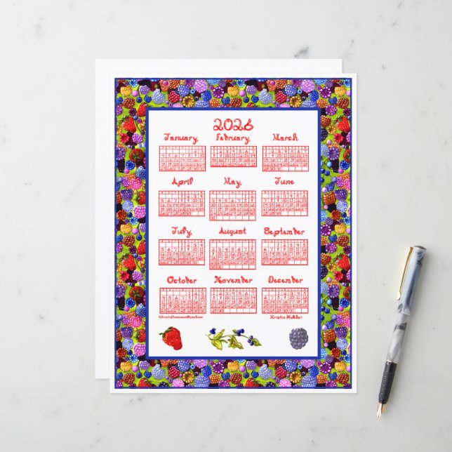 2026 Calendar Berries Art Frame Red Fabric Font (Frente/Verso In Situ)