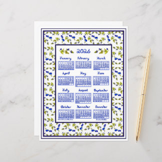 2026 Calendar Blueberries Stem Leaves Fabric Font