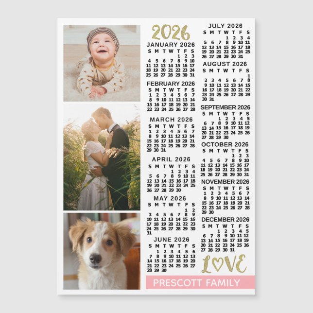2026 Calendar Blush Pink Gold Custom Photos Magnet (Frente)