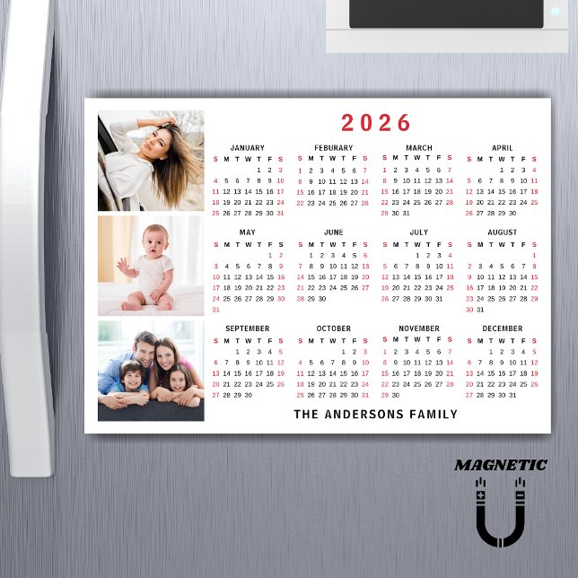 2026 Calendar Custom Name Photo Collage Magnet (Criador carregado)
