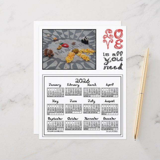 2026 Calendar Imagine Peace Photo Love Fabric Font (Frente/Verso In Situ)