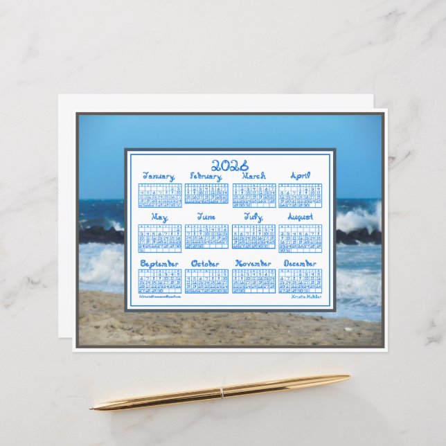 2026 Calendar Ocean Waves Beach Rocks Fabric Font (Frente/Verso In Situ)