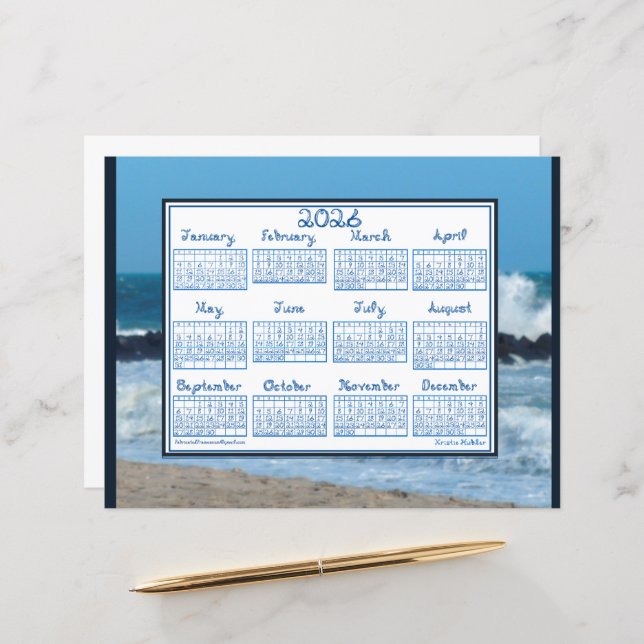 2026 Calendar Ocean Waves Beach Rocks Fabric Font (Frente/Verso In Situ)