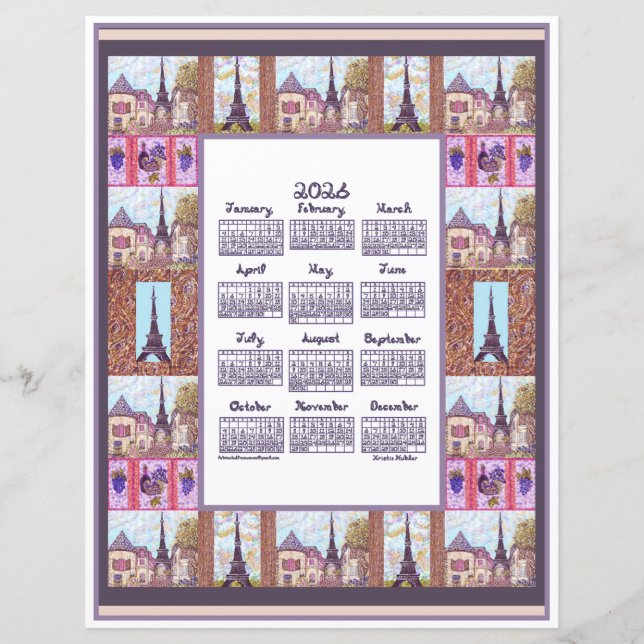 2026 Calendar Paris Eiffel Tower Pointillism Art (Frente)
