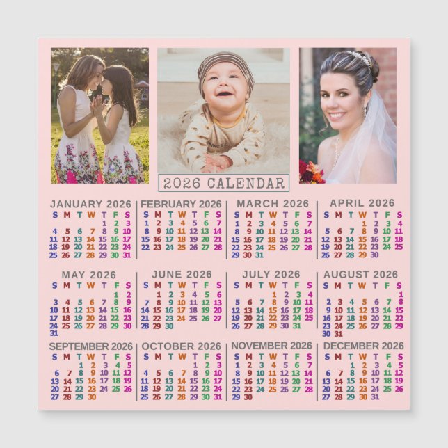 2026 Calendar Pink Family Photo Collage Magnet (Frente)