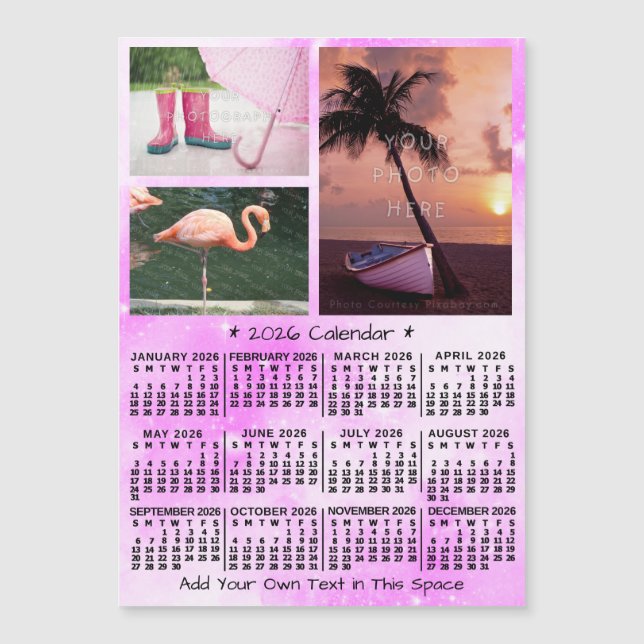 2026 Calendar Pink Watercolor Custom Photos Magnet (Frente)