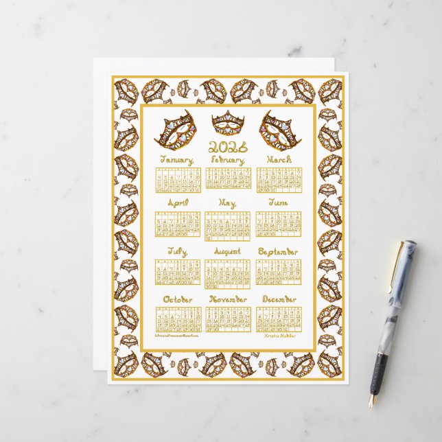 2026 Calendar Queen Hearts Gold Crown Fabric Font (Frente/Verso In Situ)
