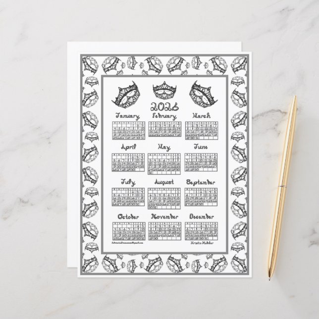 2026 Calendar Queen of Hearts Silver Tiara Fabric  (Frente/Verso In Situ)