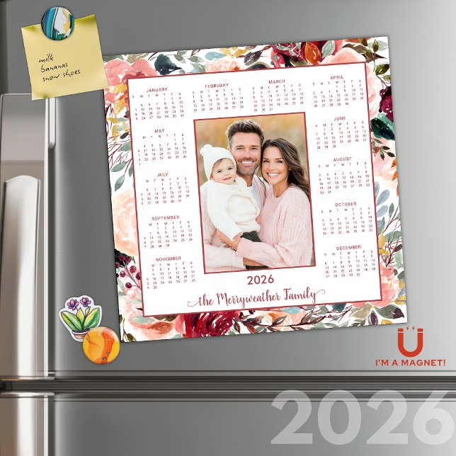 2026 Calendário Magnético de Foto Floral por Blush (2026 Elegant Blush Floral Photo Magnetic Calendar)