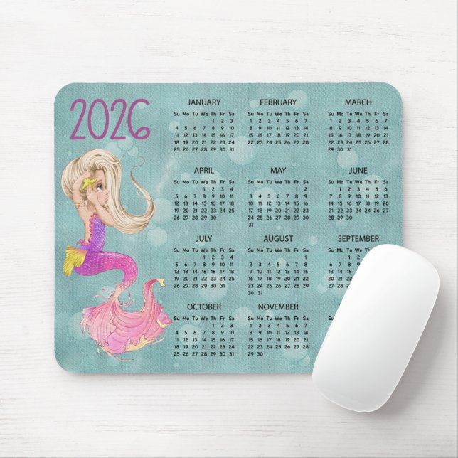 2026 Mermaid Desk Calendar Mouse Pad (Com mouse)