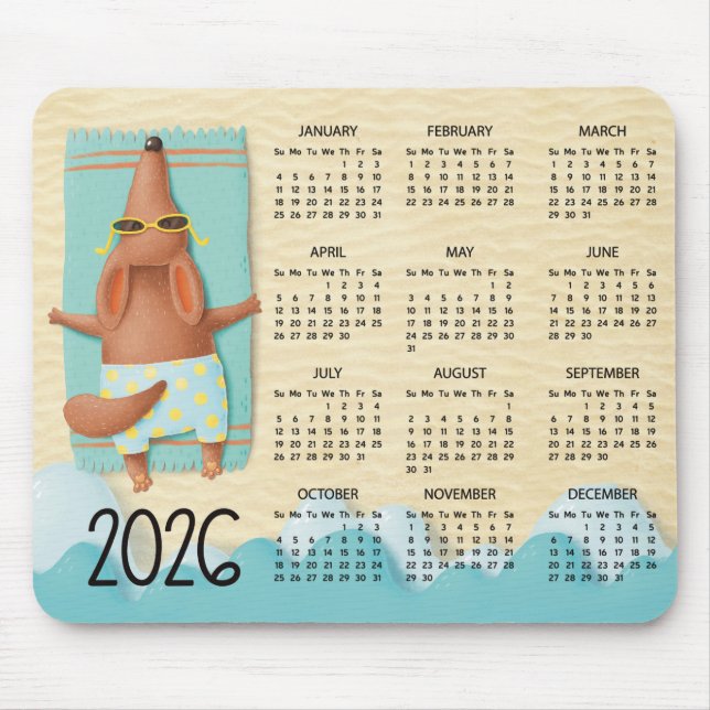 2026 Mouse Pad Calendário de Mesa Cachorro na Prai (Frente)