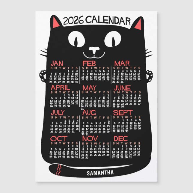 2026 Year Calendar Mid-Century Black Cat Magnet (Frente)