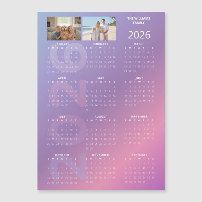 2026 Yearly Calendar Pink Blue Personalised Photo (Frente)