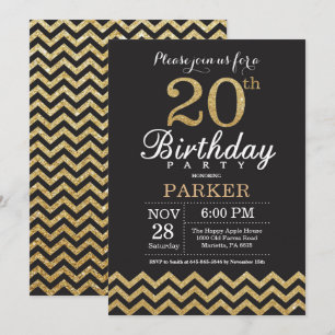 20 Aniversário Convite Preto e Dourado