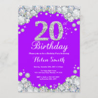 20 Aniversário Convite Roxo e Diamante Prateado