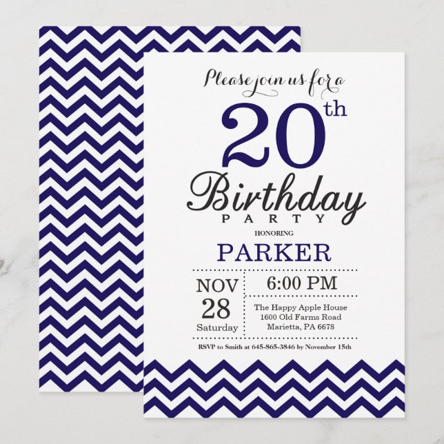 20 Birthday Convite Marinho Blue Chevron (Frente/Verso)