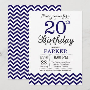 20 Birthday Convite Marinho Blue Chevron