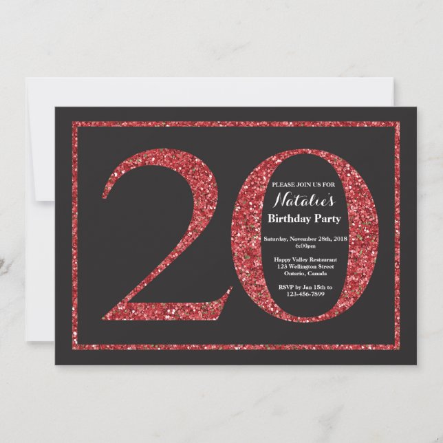 20 Birthday Convite Vermelho Glitter Quadro (Frente)