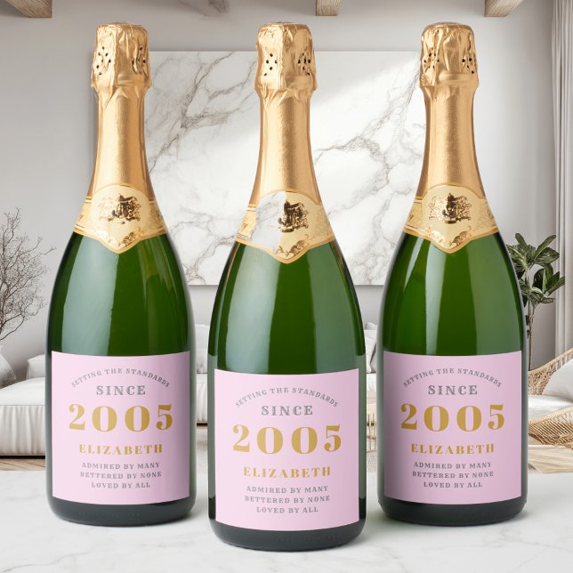 20 Birthday Nascer 2005 Adicionar Nome Cinza Rosa (Custom pink 20th birthday sparkling wine labels on 3 bottles)