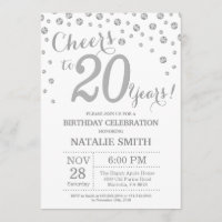 20 Birthday Silver Glitter Diamond Convite