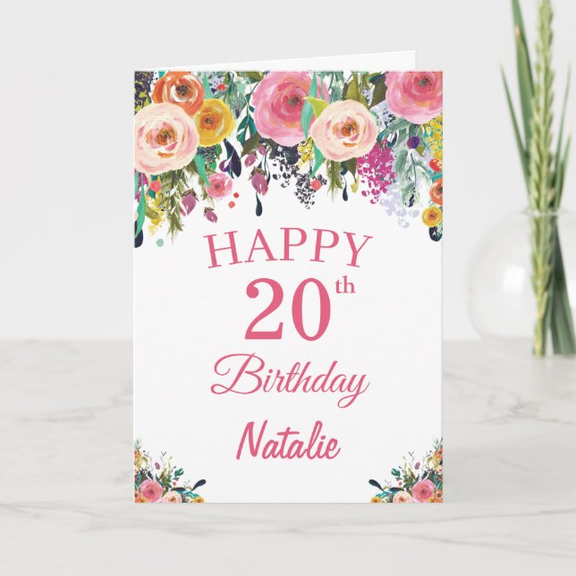 20 Birthday Watercolor Floral Flowers Cartão Rosa (Frente)