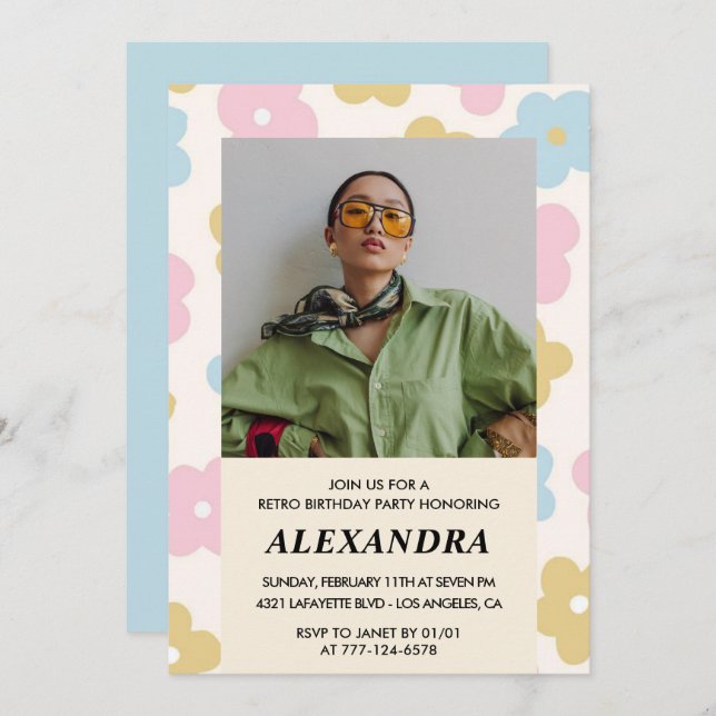 20 de convite de aniversário Retro Groovy Floral C (Frente/Verso)