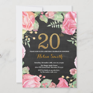20 Floral Convite de Aniversário Glitter Dourado