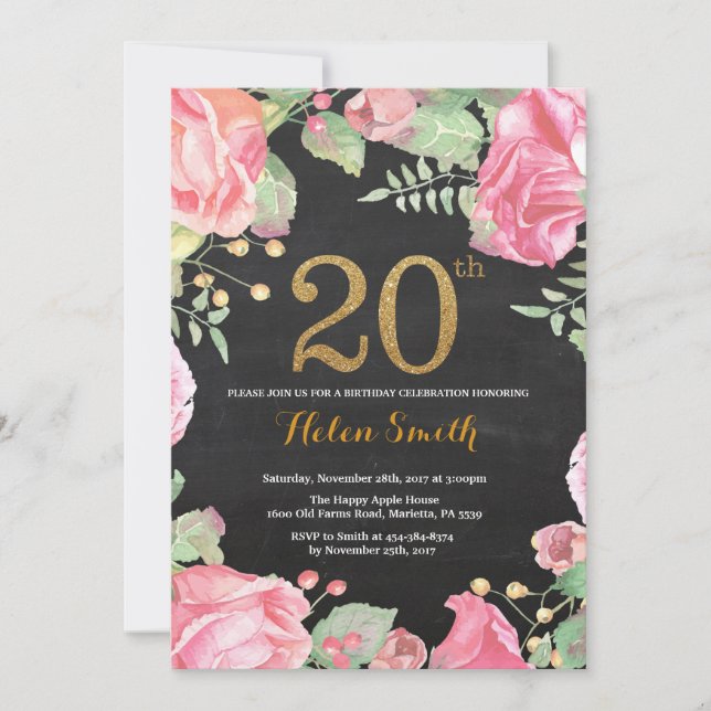 20 Floral Convite de Aniversário Glitter Dourado (Frente)
