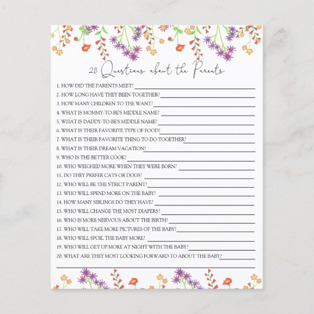 20 Perguntas sobre o chá de bebê dos pais (Frente)