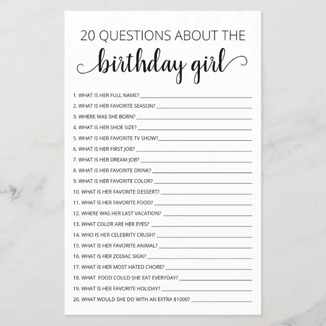 20 Perguntas sobre o jogo de aniversário da garota